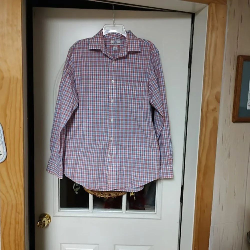 New Croft & Barrow Red Blue Checked Button Down Shirt Size Men's 16 34/35
